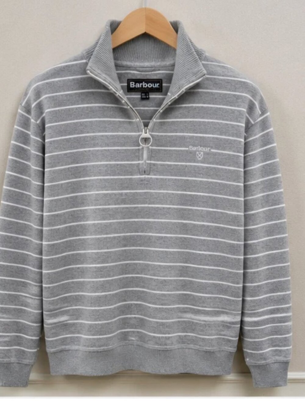 Barbour Mens Gray White Stripe 1/4 Zip Sweater Pullover Ring Pull Logo Sz M